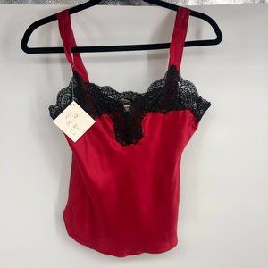 100% silk red pajama top with black lace Small